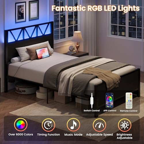 Image of LIKIMIO Twin Bed Frames with 2 Storage Drawers, Charging Station and LED Lights, Platform Twin Bed with Headboard, Strong Metal Slats, No Box Spring Needed, Easy Assembly, Noise-Free, Black