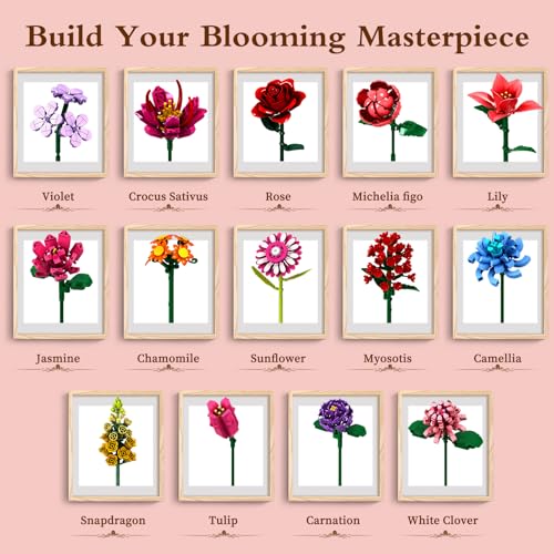 Flowers Building Blocks Set, 14 Style Compatible with Lego Flowers Bouquet Rose Floral Plant Collection, 1329 Pcs Toy Home Office Decor for Adults Women Girls Thanksgiving Day Birthday Gifts - image 3