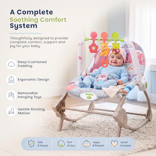 Image of Baybee 2 in 1 Baby Rocker & Bouncer, 3-Position Recline, Soothing Music, Removable Hanging Toys, Soft Cushioned Seat & Safety Harness, Rocking Chair for Newborn 0-3 Years (Grey)