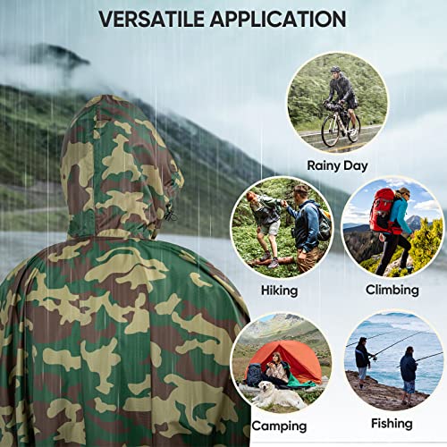 Image of PTEROMY Hooded Rain Poncho for Adult, Waterproof Lightweight Unisex Raincoat for Hiking Camping Emergency
