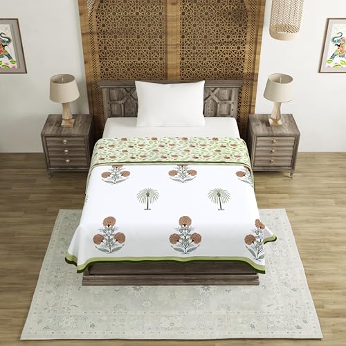 Image of BLOCKS OF INDIA Hand Block Printed Cotton Single Size Reversible Malmal Dohar for Summer (Open Green Motif)