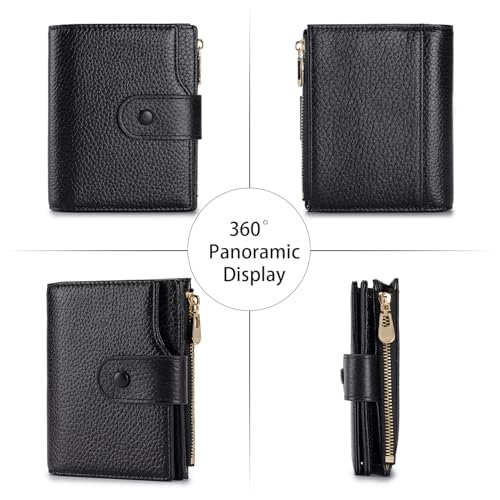 Image of Genuine Leather Wallets for Women RFID Blocking Bifold with Zipper Pocket, 2 ID Windows, 18 Card Slots, Black