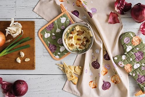 Image of Now Designs Aromatics Dishtowel, Watercolor Onions & Garlic Print, 100% Cotton, W18 x L28in