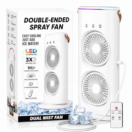Image of 4000mAh Double Ended Spray Fan, Cold Air, 2025 New Desktop Table Fan USB Rechargeable with LED Light Cooler, Tower Air Coolers & Remote Control,Water Tank,Bedroom, Living Room (AZ-White)
