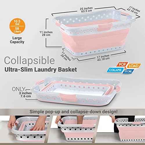 Image of Pop & Load Collapse & Store 1 Large 25 inch Slim Collapsible Plastic Laundry Basket, Space Saving Portable Pop Up Storage & Organization Basket, 3 inch High When Folded, 3 Comfort Grip Handles, Blush Pink