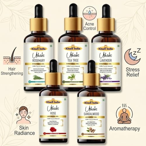 Image of Khadi Utkrisht Premium Essential Oils Combo of 5 - Rosemary, Tea Tree, Lavender, Rose & Sandalwood for Hair Growth, Skin Care & Aromatherapy | 100% Pure Natural Essential Oil Combo for Diffuser & Massage - Pack of 5