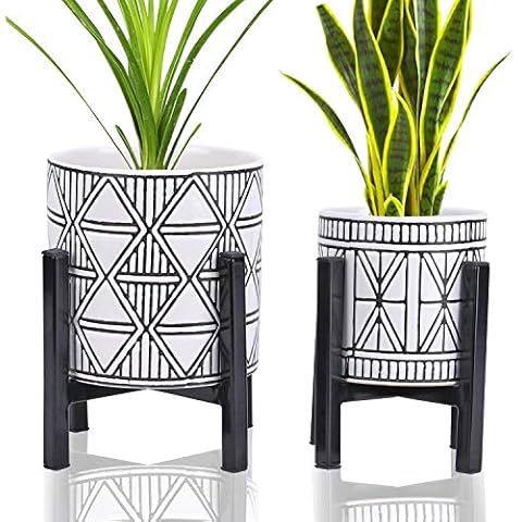 Indoor Flower Pots Decorative Set 2 Plant Pots with Metal Stand, 5.5 Inch & 4.3 Inch Mid Century Glazed Ceramic Planter Holder Modern with Drainage Holes, for Home and Garden Outdoor House Tabletop Cover