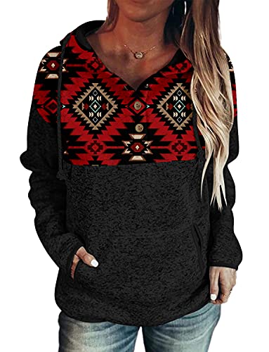 Magritta Winter Fall Comfy Hoodie Long Sleeve Geometric Patchwork Color Block Button Collar Hooded Pullover with Pocekts Oversized Sweatshirt for Women Black X-Large