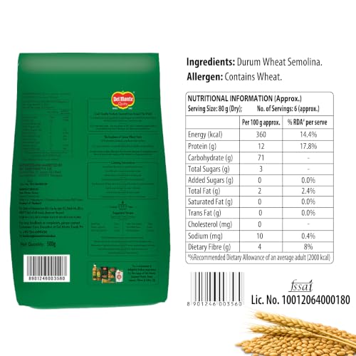 Image of Del Monte Penne Pasta (Imported) | Durum Wheat Semolina| No Maida | High in Dietary Fibre | Source of Protein | Cholesterol Free | Low Calories | No Artificial Ingredients, Salt & Sugar | 500g