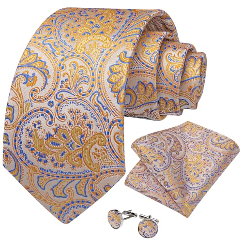 Image of DiBanGu Mens Paisley Tie Sets Silk Jacquard Woven Floral Necktie and Pocket Square Cufflinks Wedding Business Party