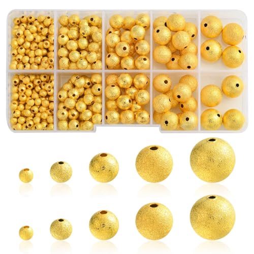Stiesy Approx 460Pcs 5 Style Golden Colour Spacer Beads Frosted Textured Brass Beads 4/6/8/10/12mm Kit for Jewellry Making DIY Bracelet Crafting