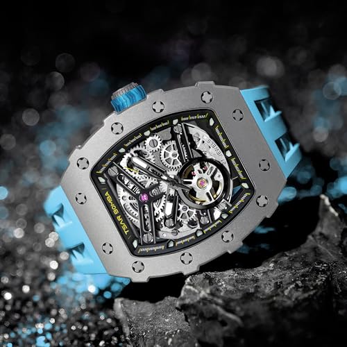Image of TSAR BOMBA Men's Automatic Watch Tonneau Luxury Skeleton Watches for Men Mechanical 50M Waterproof Analogue Watches Mens Unique Cool Square Big Face Dial Wristwatch with Silicone Strap Band
