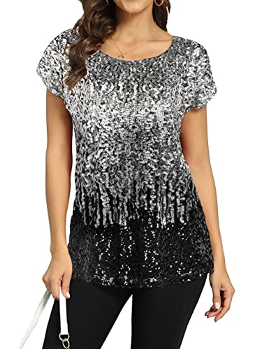 PrettyGuide Women's Sparkly Shirt Glitter Sequined Dolman Loose Tunic Blouse Top Silver/Grey/Black L/US14-16