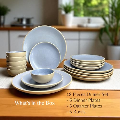 Image of Hand Painted Ceramic Dinnerware Set - 18 Pieces | 6 Dinner Plates, 6 Small Plates, 6 Katori Bowls | Earthy Blue | Microwave & Dishwasher Safe | Perfect for Home & Gifting