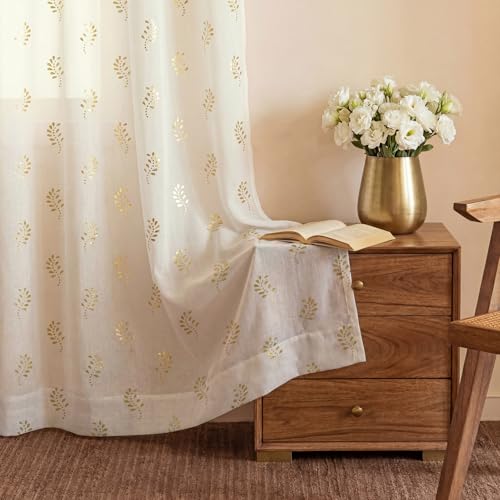 Image of Urban Space Gold Foil Sheer with Texture, Curtains for Window, 35-40% Room Darkning, Set of 2 Decorative Curtains with Tieback and Eyelets (Tara Buttercream, Window- 5 Feet)