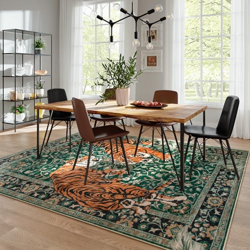 Moynesa Tiger Washable Rugs, 8x10 Area Rugs for Living Room, Soft Large Vintage 8x10 Bedroom Green Rug, Botanical Non Slip Ultra Thin Floor Carpet for Dining Room Home Office
