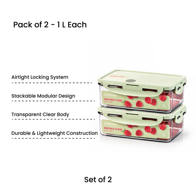 Image of LocknLock 1L Food Storage Containers (Pack of 2) | Airtight, Leakproof, BPA-Free Plastic Boxes | Stackable Kitchen Containers for Meal Prep, Fridge & Pantry Storage