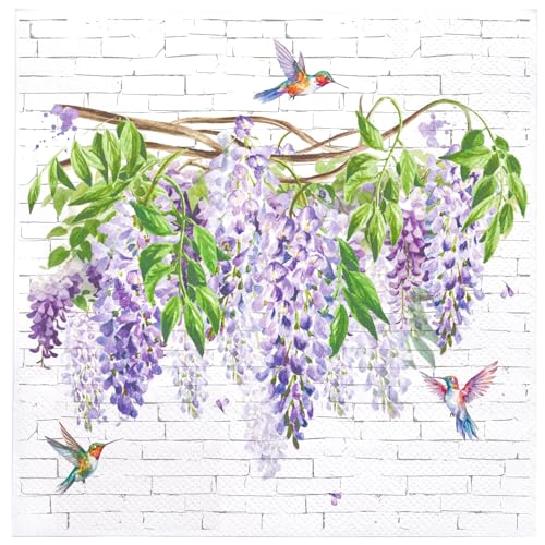 WRAPAHOLIC 25Pcs Floral Cocktail Napkins - 3-Ply Wisteria Vine and Hummingbirds Disposable Paper Napkins for Wedding, Baby Shower, Birthday, Tea Party - 5 x 5 In