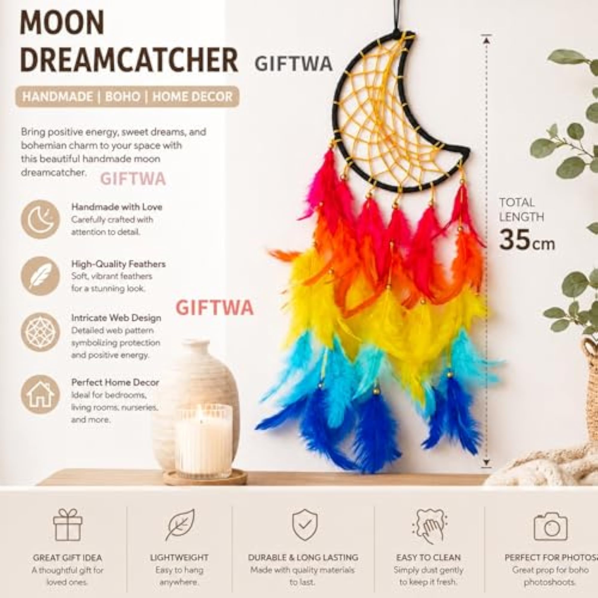 Moon Shape Multi Color Feather Dream Catcher