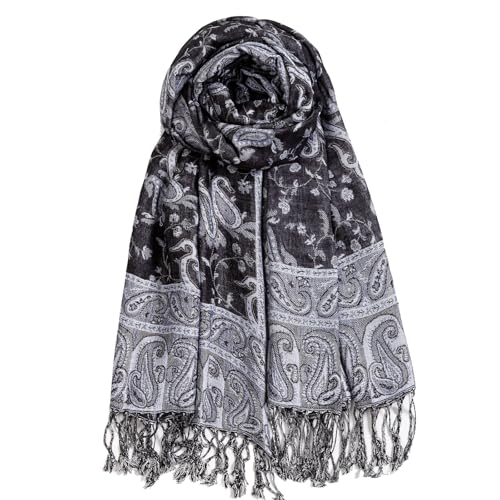 AUSEKALY Pashmina Feel Shawls Wraps for Women Rave Scarf Soft Silky Reversible Men Scarves Black White