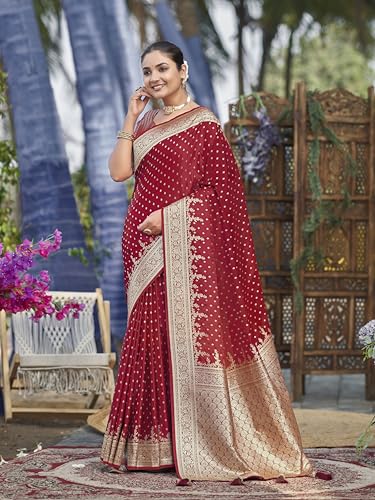 Image of MANOHARI Women's Trendy Banarasi Satin Silk Woven Saree with Heavy Jacquard Work, Elegant Design, Silk Saree with Maching Lace Border Unstitched Blouse Piece for Weddings & Festive Occasions