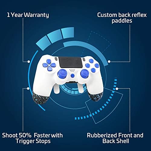 PS4 Elite Controller Soft Touch White/Blue Custom with Paddles, Trigger Stops. Professional Level Graded Equipment. Tournament Approved and Legal! for FPS Games, COD, Fortnite, Destiny, Black Ops 4