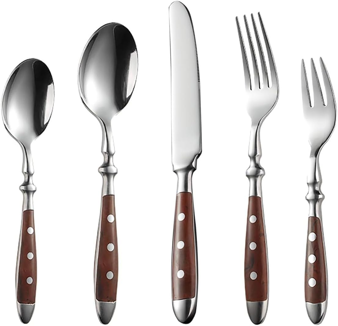 Set di Posate in Legno da 30 Pezzi per 6 Persone, Posate Premium in Acciaio Inossidabile, Colore Marrone retrò, forchette, cucchiai e coltelli con Finitura a Specchio, Lavabili in (30pcs)