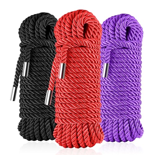 Soft Silk Tying Rope - Skin-Friendly Shiny Colored Nylon Binding Ropes Durable Multi-Purpose Satin Braided Twisted Decorative Cord Thickness 8MM Each 32-Foot Long (Black Red Purple)