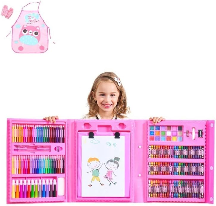 RoyalPolar 211 Pieces Trifold Easel Art Set Portable Art Supplies Drawing Set with Oil Pastels Colored Pencils Crayons Sketch Pad Cartoon Apron Great Gift for Kids (pink)