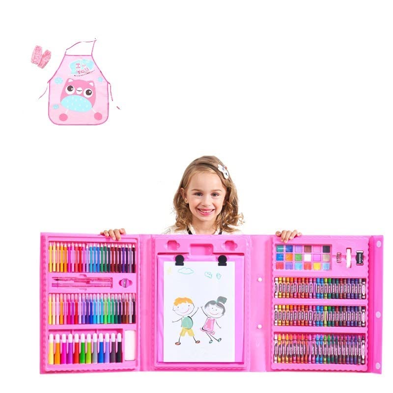 RoyalPolar 211 Pieces Trifold Easel Art Set Portable Art Supplies Drawing Set with Oil Pastels Colored Pencils Crayons Sketch Pad Cartoon Apron Great Gift for Kids (pink)