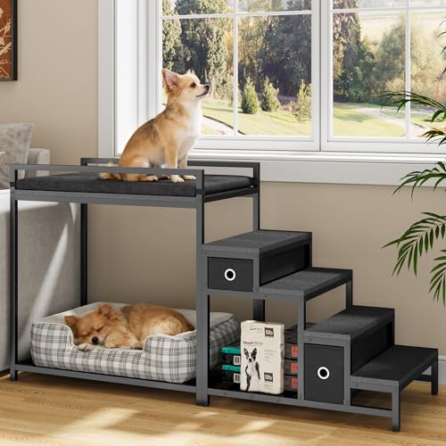 kepptory Pet Bunk Bed with Stairs and Storage Dog Beds Attachment to Human Bed Bedside Dogs Cot for Small Medium Cats & Dogs Pet Window Perch (Black)