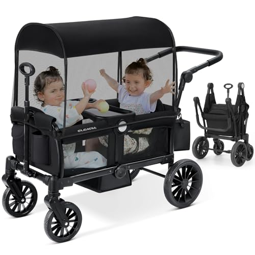 Image of ELEMARA Wagon Stroller for 2 Kids, Premium All-Terrain Stroller with Canopy, Adjustable Push/Pull Handle Bar, Comfortable drop-down footwell and Upholstered Seats, Black