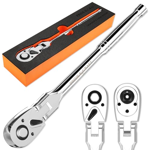 PRIDE&CRAFT 1/2 Drive Flex Head Ratchet 72-Tooth Socket Wrench Quick Release Reversible Design Swivel Head Ratchet Chrome Alloy Made EVA Organizer