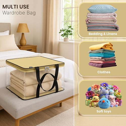 Image of Storite 2 Pack Nylon Wardrobe Bag Underbed Moisture Proof Cloth Storage Organizer, Storage box for Clothes Saree Bags with Zippered Closure & Handle Square (Khaki,39x35,22 cm)