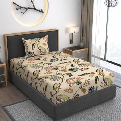 Image of Vram Premium Heavy Cotton Flat Bedsheets with 1 King Size Pillow Covers || Single Bed 350 TC || 60 x 90 Inch Single Size Flat || :- Jaipuri Peacock