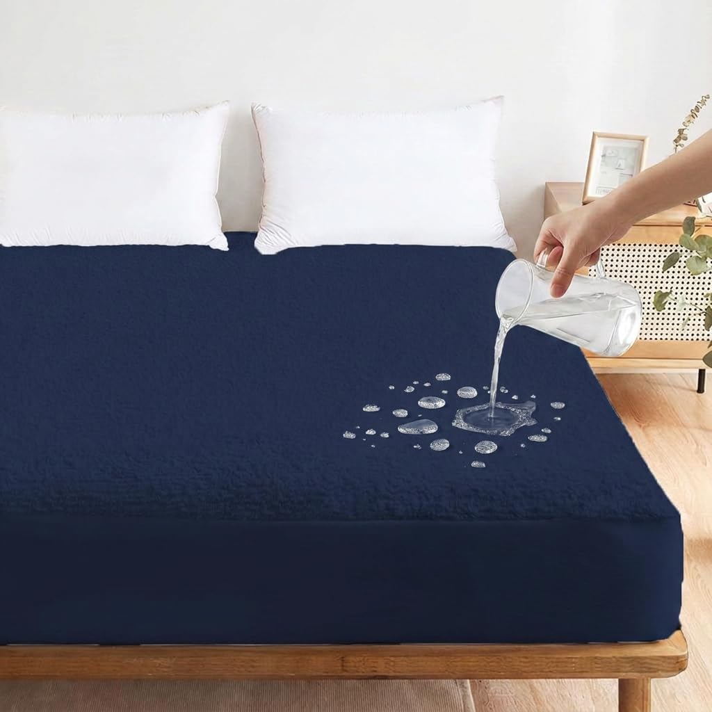 LINENWALAS 100% Waterproof Premium Cotton Feel Mattress Protector|Breathable and Hypoallergenic Ultra Soft Fitted Bed Protector Cover (78”x60” Fits Upto 10 Inches Mattress, Navy Blue)-image-17