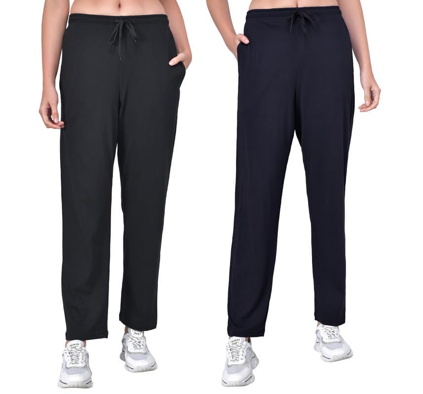 Image of Fflirtygo Cotton Solid Track Pant /Lounge Wear /Pocket Payjama �100% Export Quality Soft Cotton Night Wear /Pocket Pyjama for Women Combo Pack, Black & Blue Pyjama