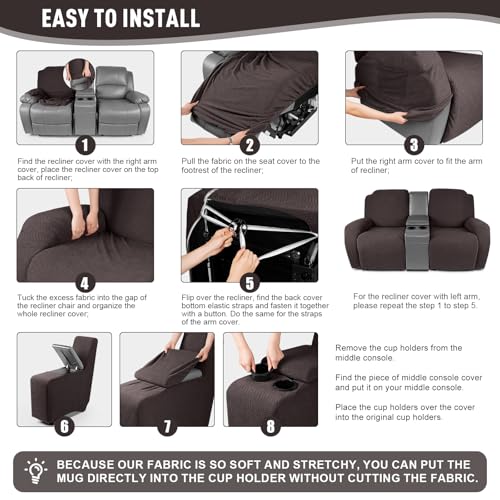Image of KinCam Loveseat Recliner Covers with Middle Console Slipcover, Recliner Sofa Covers 2 Seat Couch Cover Stripe Jacquard Furniture Protector Covers with Elastic Bottom for Kids, Pets(Chocolate)