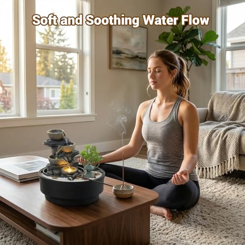 Sunlinua Natural Rocks Tabletop Water Fountain Indoor Water Fountains with 4-Tier Soothing Sound Desktop Waterfall with DIY Decoration for Meditation Desk Home Office Decor(USB Plug) — view 3