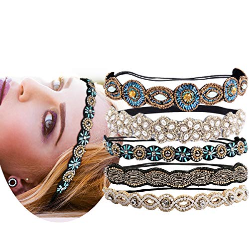 Ahoney 5 Pack Rhinestone Beaded Elastic Headband Crystal Hairbands Lady Women Girls Hair Accessories, 5 Pieces