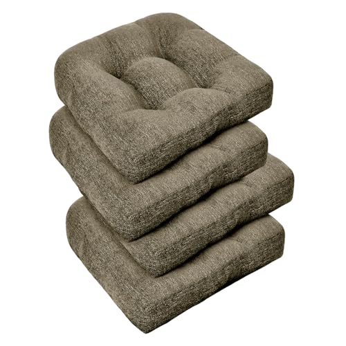downluxe Chair Cushions for Dining Chairs 4 Pack, Tufted Indoor Chair Pads with Non-Slip Bottom, U-Shaped Kitchen Chair Cushions, 17"x17"x4", Coffee