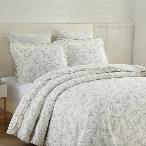 MarCielo 3-Piece 100% Cotton Bedspread Lightweight Quilt Coverlet Embroidery Farmhouse Bedding Set (Floral,King (106" X 98"))