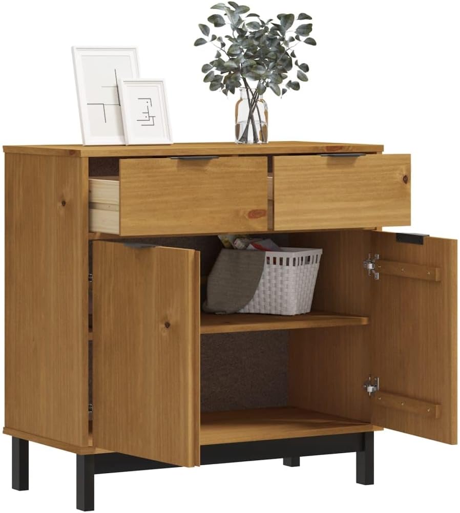 Rustic Solid Pine Wood Sideboard with Oak Finish, Two Doors and Drawers for Storage Furniture