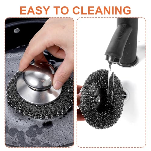 Image of 2 Pcs Stainless Steel Wool Scrubbers with Handle and 2 Pcs Replacement Metal Wool Pads, Steel Pot Dishes Scrubber for Scouring Stubborn Messes from Cast Iron, Pots, Pans, Grill, Stoves, Sink, Dishes