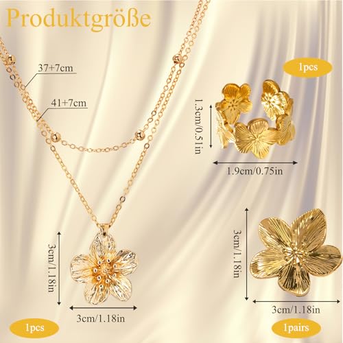 AHEJIOO 3er-Set Schmuck, Goldene Ohrringe Damen, Blumen Ohrringe Goldene, Gold Schmuck, Ring Gold, Vintage Goldschmuck Set Mit Blumen Halskette Und Ring, Ideal Für Hochzeiten Und Besondere Anlässe – Bild 3