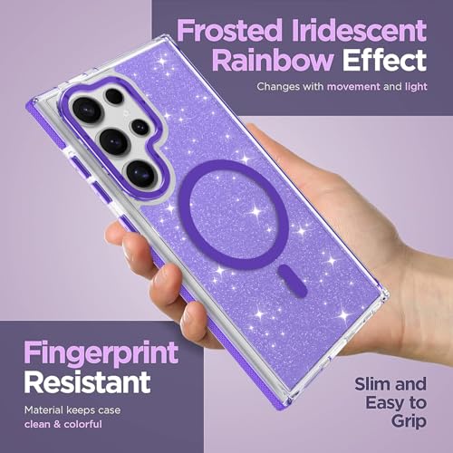 Image of Magnetic Case for Samsung Galaxy S23 Ultra [Compatible with Magsafe] [Bling Glitter Fluorescent Design] [1 Screen Protector] Slim Translucent Matte Case for Galaxy S23 Ultra 6.8 inch, Purple