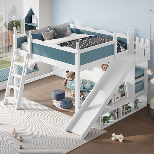 Image of Queen Size Loft Bed with Storage Shelves, Cabinet & Detachable Slide and Ladders, Solid Wood Kids Loft Bed for Space-Saving, Playful & Organized Bedroom (Blue+Light White1, Queen)