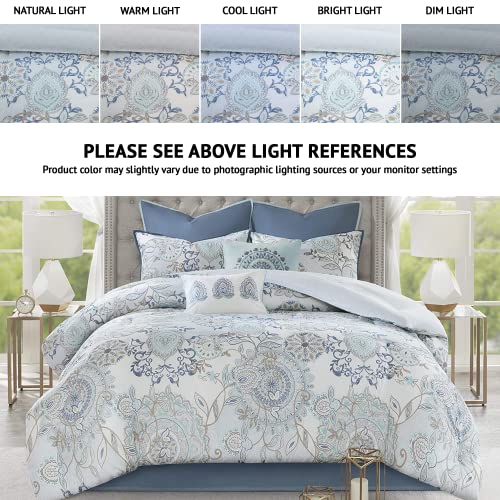 Madison Park MP10-5804 Reversible Cotton Comforter Season Set, Matching Bed Skirt, Decorative Pillows, King(104"X92"), Isla, Floral Medallion Blue 8 Piece thumb #1