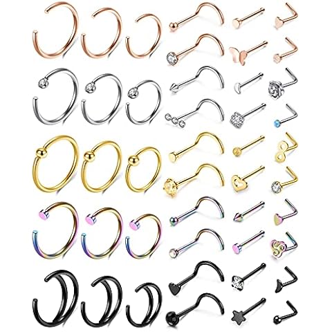 AllerPierce 20G 45Pcs Nose Rings Studs L Shape Bone Nose Screw 316L Stainless Steel Nose Ring Hoop CZ Hypoallergenic Nostril Nose Piercing Jewelry for Women Men Silver Rose Gold Black Rainbow Cover