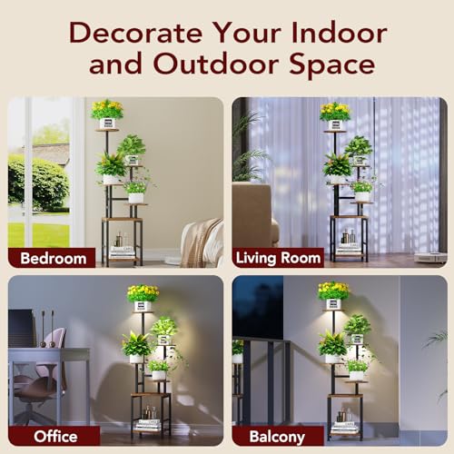 Image of Homsorout Round Plant Stand Indoor with Grow Light, 5-Tiered Tall Plant Stand Indoor, Metal Plant Shelf with Adjustable Light, Ideal for Living Room, Garden, Patio (Black Brown)